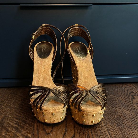Gucci Brown Leather Studded Cork Wedge Sandals - Picture 2 of 12